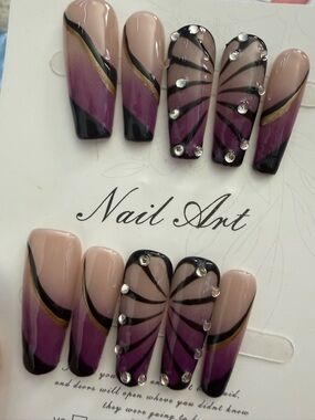 Purple Gradient Butterfly Nail Press-Ons with Rhinestones